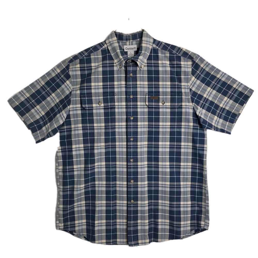 VTG Y2K Carhartt Mens Large Tall LT Plaid Button Down Shirt Blue SS Cotton